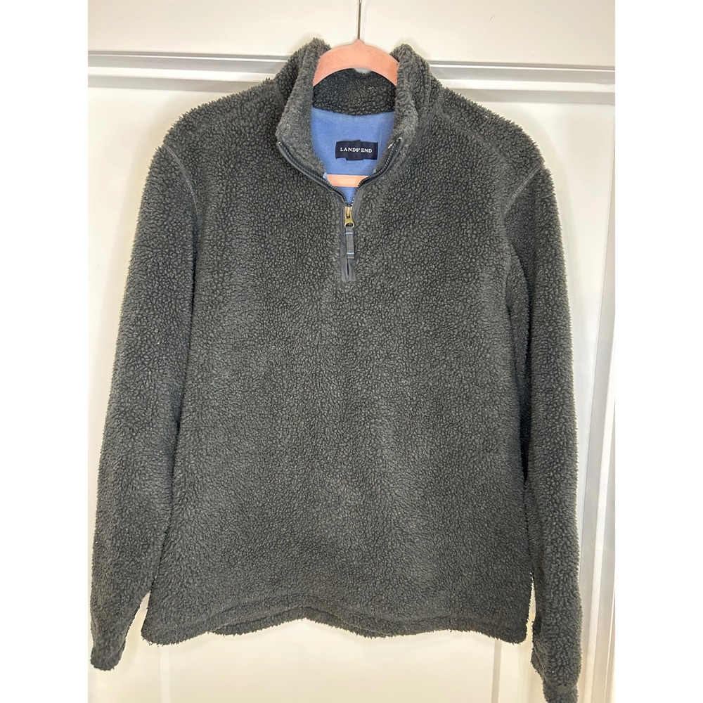 Lands End Mens Medium Gray‎ Fleece Quarter Zip Pullover Cotton Lined Gorpcore